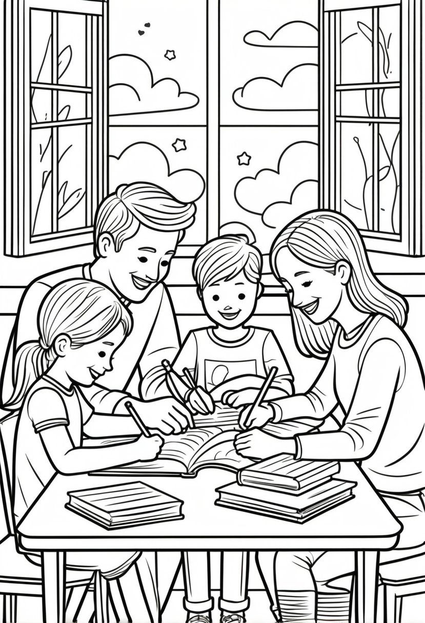 Family Coloring Pages 16 Fun and Creative Designs for All Ages 30 A family of two parents and two children sitting at a table working on homework together with books and pencils.
